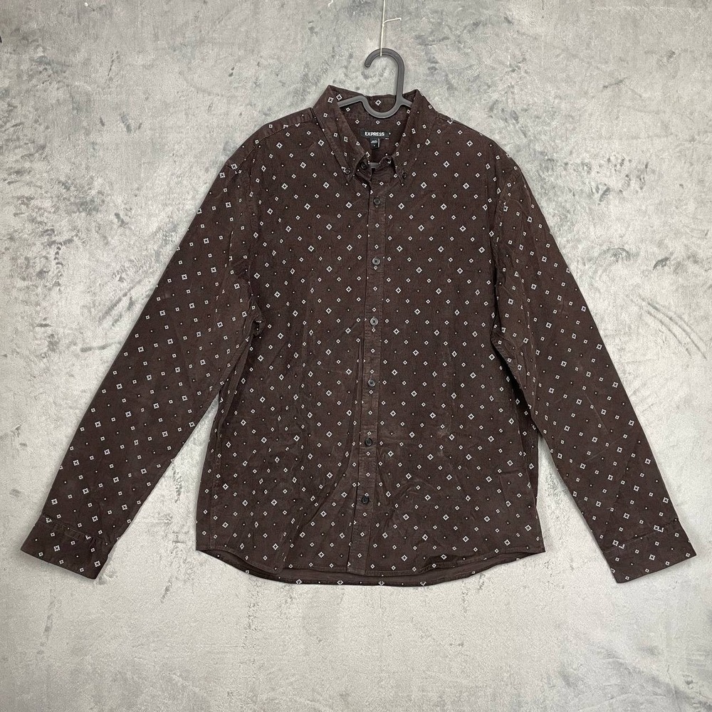 Express Brown Corduroy Geo Print Button Up Shirt Men's Large Long‎ Sleeve Earthy